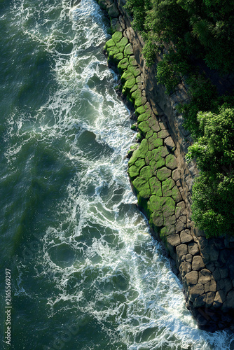 Aerial View of Mossy Coastal Rock Formations Meeting the Ocean Waves