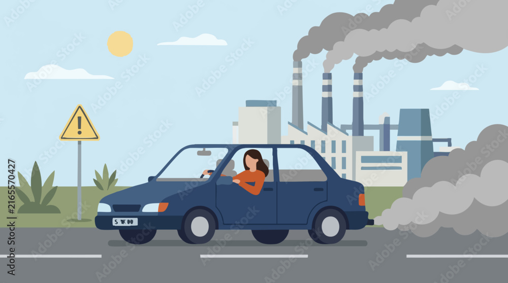 Naklejka premium Air Pollution from Industrial Factories and Car Exhaust Emission