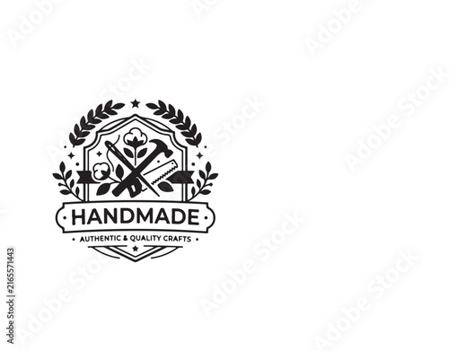 Handmade authentic quality crafts vector shield badge with tools and cotton