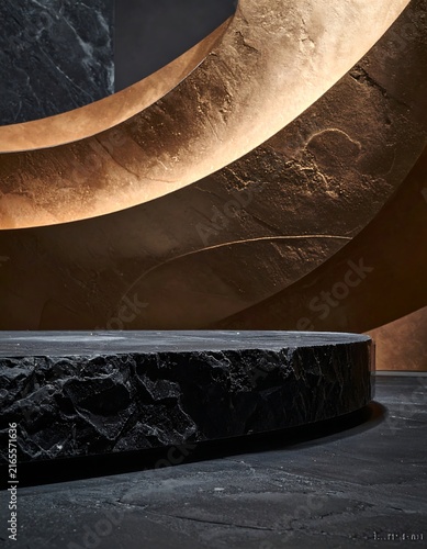 Dark stone pedestal with textured golden circular background for luxury product display 3D render