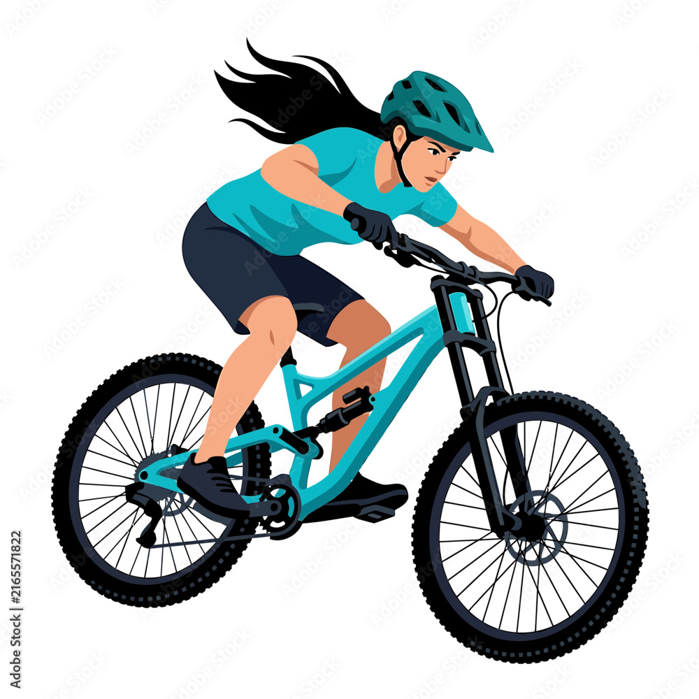 Fototapeta premium Young woman in helmet riding a mountain bike downhill with determination and focus, active sport concept