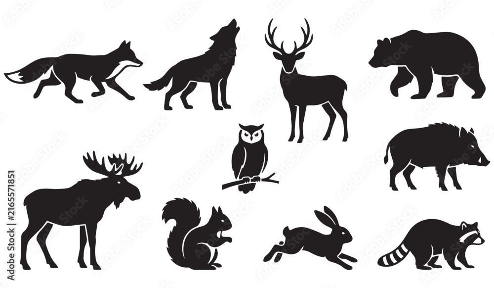 Obraz premium Set of black silhouettes of forest and wild animals including fox, wolf, deer, bear, moose, owl, wild boar, squirrel, rabbit, and raccoon isolated on a white background. Vector illustration