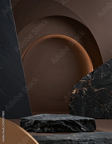 Black stone podium with rough slate slabs on brown circular arch background for product display