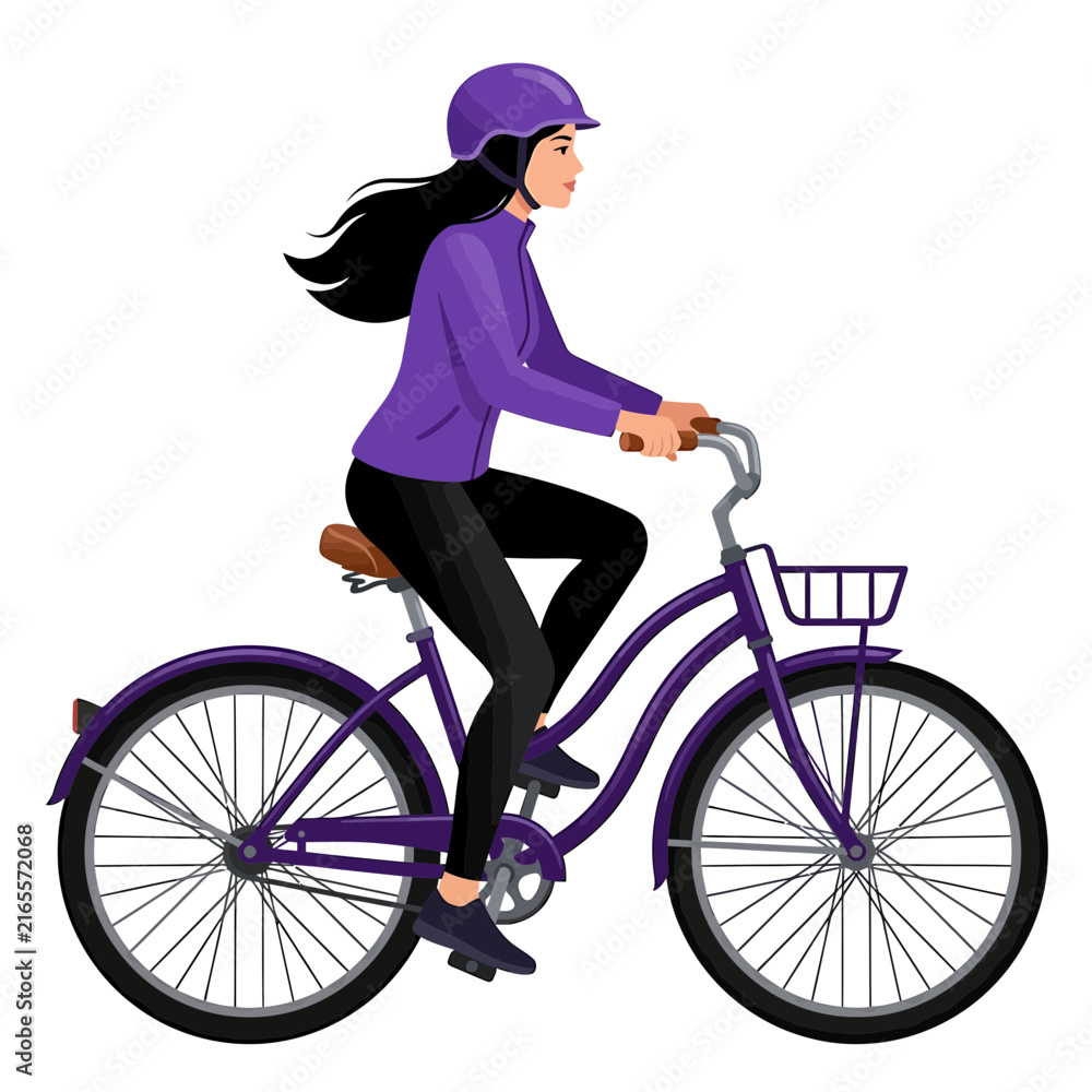 Fototapeta premium Young Woman Riding a Purple City Bicycle Wearing Helmet and Sportswear Vector Illustration