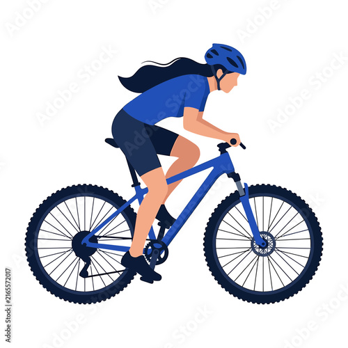 Woman riding a blue mountain bike wearing helmet vector illustration