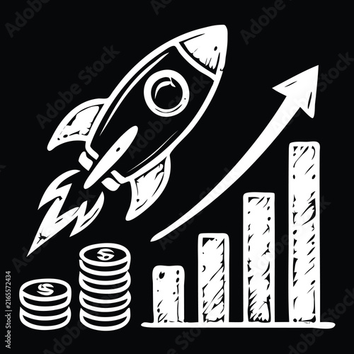 Business Growth Rocket Launch and Financial Success Chalk Illustration