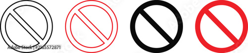 Prohibition sign icons set for restriction and security warning. Collection of general prohibition symbols in line, bold, red and black styles. Vector illustration isolated on transparent background.