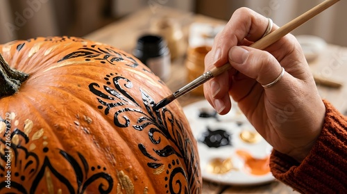 Close-up of a person painting intricate black patterns on a festive autumn pumpkin