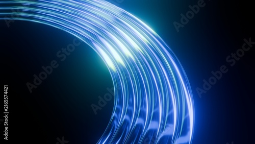 Abstract glowing blue fiber optic arc background with neon lights, Futuristic high speed data transmission 3D render