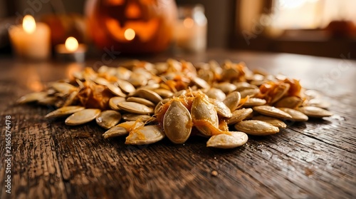 Raw pumpkin seeds with pulp on rustic wooden table with blurry jack-o'-lantern in background