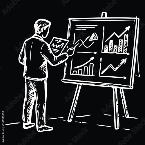 Businessman Presenting Financial Charts and Graphs Chalkboard Illustration Depicting Data Analysis and Market Growth Report.eps