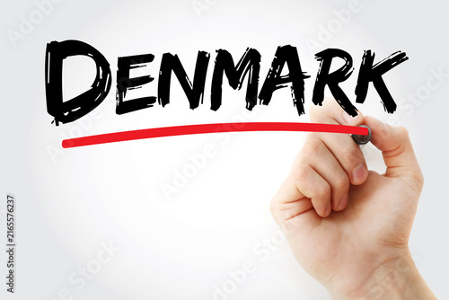 DENMARK hand-written text underlined. Denmark is a Scandinavian country in Europe known for its high quality of life, historical monarchy, Viking heritage, and modern sustainable design