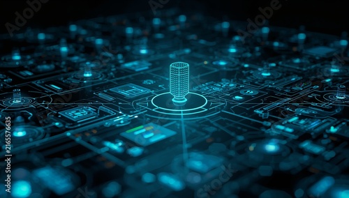Digital circuit board with glowing blue central microphone icon