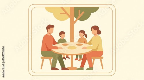 Family eating dinner together at a table in a flat vector illustration style