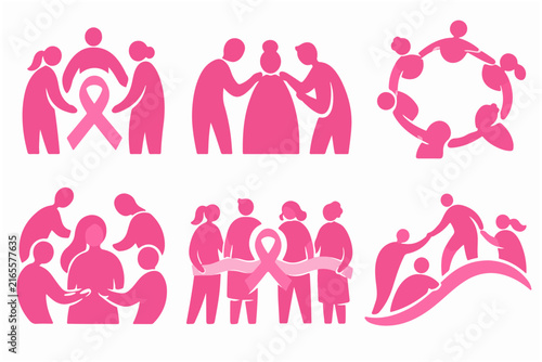 Breast cancer awareness support icons with people figures and ribbons for group therapy.