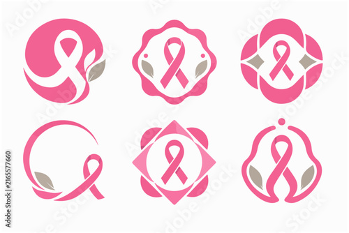Elegant pink ribbon logos with floral leaf accents for breast cancer awareness branding.