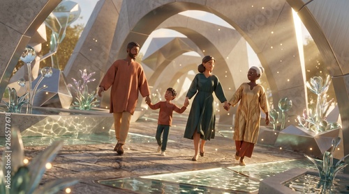 Diverse family walking together in a futuristic park with modern architectural arches.
