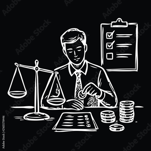 Businessman Weighing Scale with Checklist and Coin Stack Chalkboard Illustration Showing Financial Balance and Budget Evaluation.eps