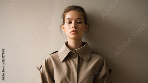 A creative asset designed around stylish brunette model showcases modern fashion: trench coat, collar blouse, and shirt combo – accessorized with a sleek m keyboard