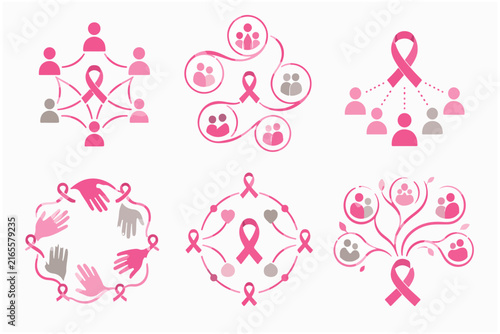 Networked people icons with pink ribbons symbolize breast cancer awareness and collaborative support.