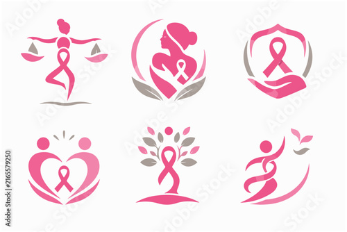 Pink ribbon woman balancing scales, breast cancer awareness and support symbol.