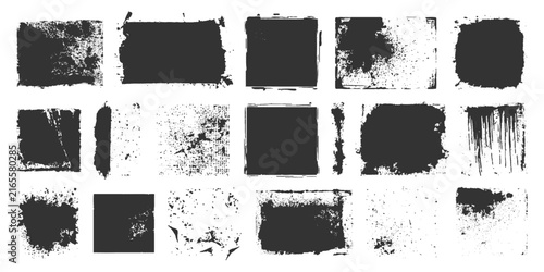 A collection of distressed grunge texture squares and rectangles with rough, uneven edges, perfect for adding a gritty, vintage aesthetic to design projects.