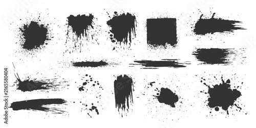 A collection of grunge-style ink splatters and brush stroke elements, perfect for adding a textured and edgy look to graphic designs.