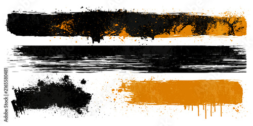 Abstract grunge paint strokes in black and orange create a dynamic, textured graphic element, conveying a sense of raw energy and artistic expression.