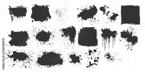 A collection of various black ink splatters and brush stroke elements, perfect for adding a grunge or artistic touch to designs.