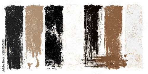 Abstract strokes of black, beige, and white paint form a textured, modern composition, suggesting a raw, artistic expression.