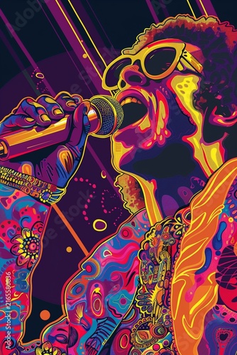 Psychedelic Soul Singer Performing with Microphone in Vibrant Retro Style