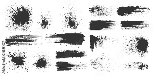 A collection of black ink splatter and brush stroke graphic elements, showcasing dynamic textures for creative design projects.