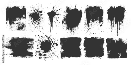 A collection of grunge and ink splatters, abstract shapes with a distressed texture, and drips creates a visually striking set of graphic elements perfect for adding an artistic touch.