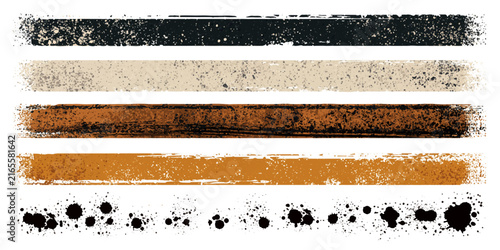 A set of distressed brush stroke elements in black, beige, brown, and orange, accompanied by black ink splatters, perfect for adding a grunge texture to designs.
