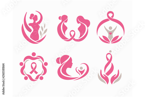 Community support and nurturing hands icons with pink ribbons for cancer charity branding.