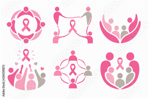 Joyful people figures celebrating breast cancer awareness with pink ribbons and uplifted hands.