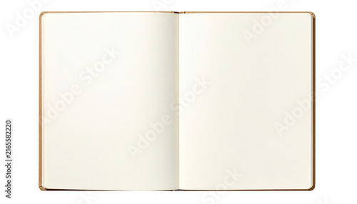Open blank notebook spread with empty cream pages and black leather cover isolated on transparent background. Realistic classic journal mockup template.