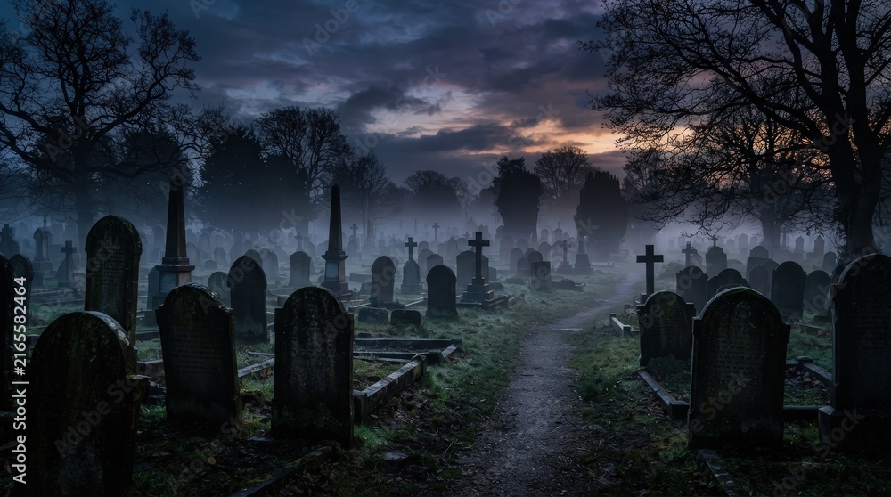 Obraz premium Foggy cemetery with old gravestones at night for Halloween horror backgrounds, haunted attraction marketing and ghost stories.