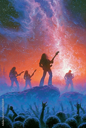 Cosmic Rock Concert Under a Psychedelic Starry Sky
