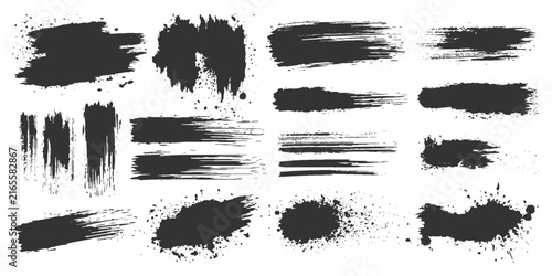 A collection of grunge-style black ink splatters and brush strokes, offering a raw and textured artistic element.