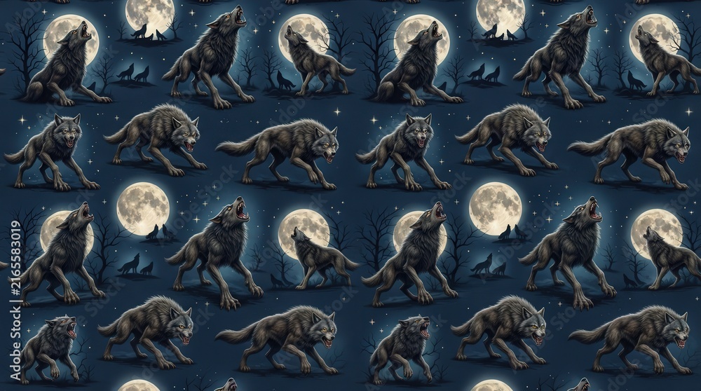 Obraz premium raven and full moon pattern on dark fabric for Halloween textiles, gothic wallpaper, costumes and mysterious seasonal designs.