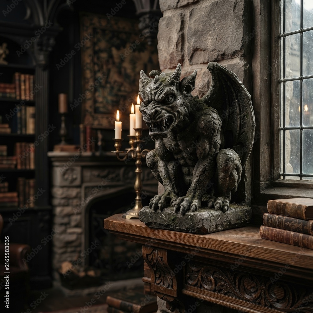 Fototapeta premium Stone gargoyle statue in a dark candlelit library for gothic Halloween interiors, haunted house decor and fantasy storytelling.