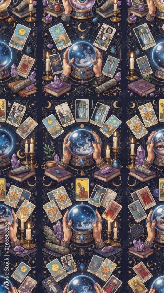 Obraz premium Colorful witchcraft and tarot Halloween fabric pattern for costumes, magical crafts, gift wrap and mystical textile design.