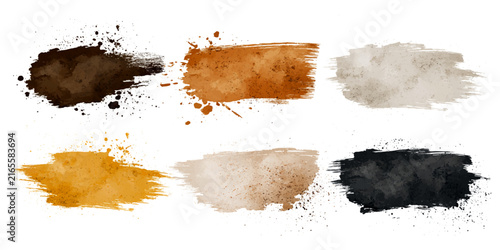 A collection of six diverse abstract watercolor paint strokes and splatters in various earthy tones, perfect for adding a unique artistic touch to graphic designs.