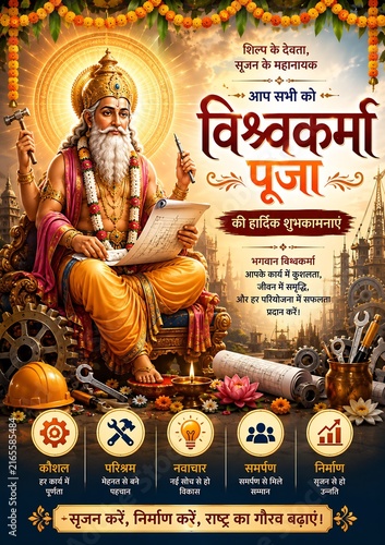 Happy vishwakarma puja spiritual banner with lord vishwakarma and construction elements puja festival hindu festival indian festival greeting card design celebration