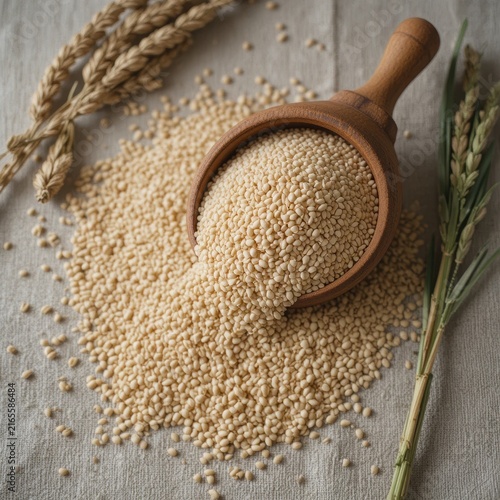 Raw Millet Seeds In Wooden Scoop With Wheat Ears On Rustic Table Background Close Up