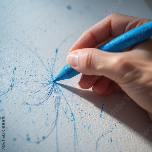 Person Holding Blue Crayon Drawing Abstract Lines And Splatters On White Paper Closeup View