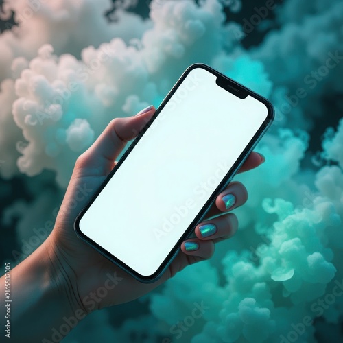 Person Holding Blank Smartphone Screen Surrounded By Colorful Cyan Smoke Cloud Abstract Background Illustration