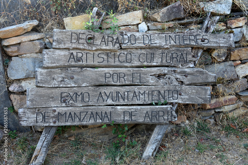 wooden sign at the entrance to the village of Santa Cruz de los Cuerragos; Zamora province; Castile and Leon; Spain;