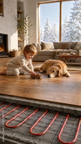 Small child playing with toy truck on warm wooden floor with golden retriever dog lying nearby and exposed underfloor heating pipes. Cozy winter home comfort, energy efficient radiant heating system